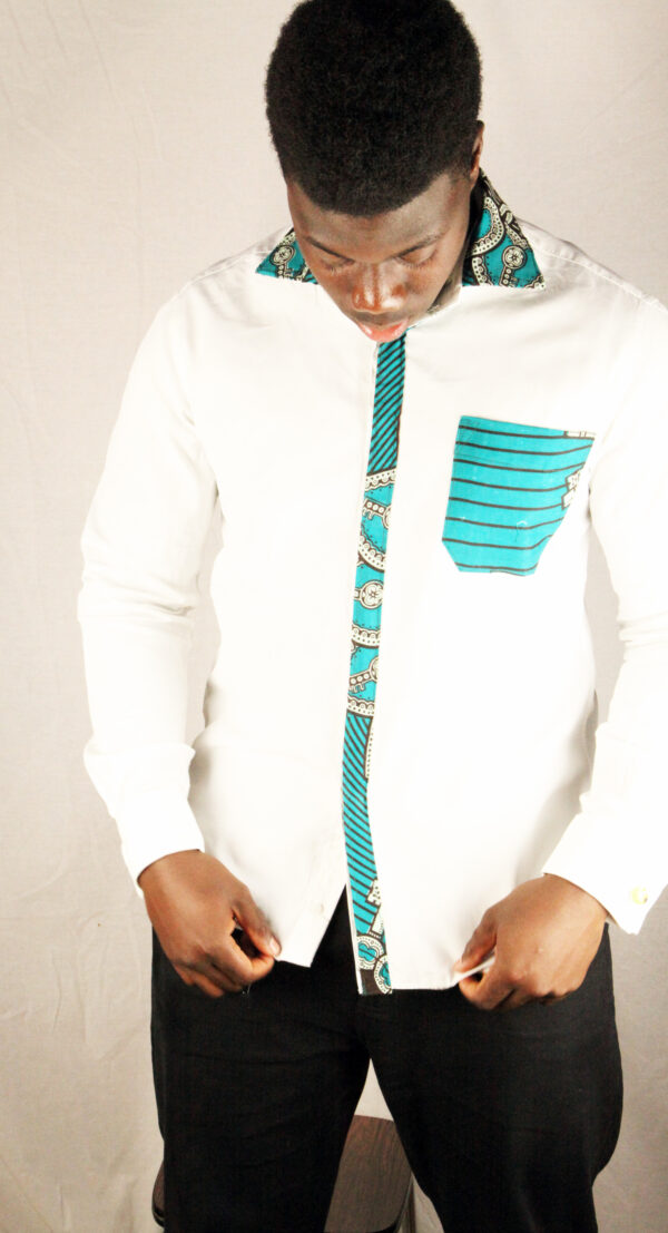 Turquoise Key Cuffed Long Sleeve Men's Shirts - Image 2
